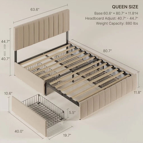 3 Pieces Bedroom Furniture Set, Includes Queen Bed Frame with 4 Under-Bed Drawers, Wide 7-Drawer Dresser and Tall 5-Drawer Dresser, - Beige and White