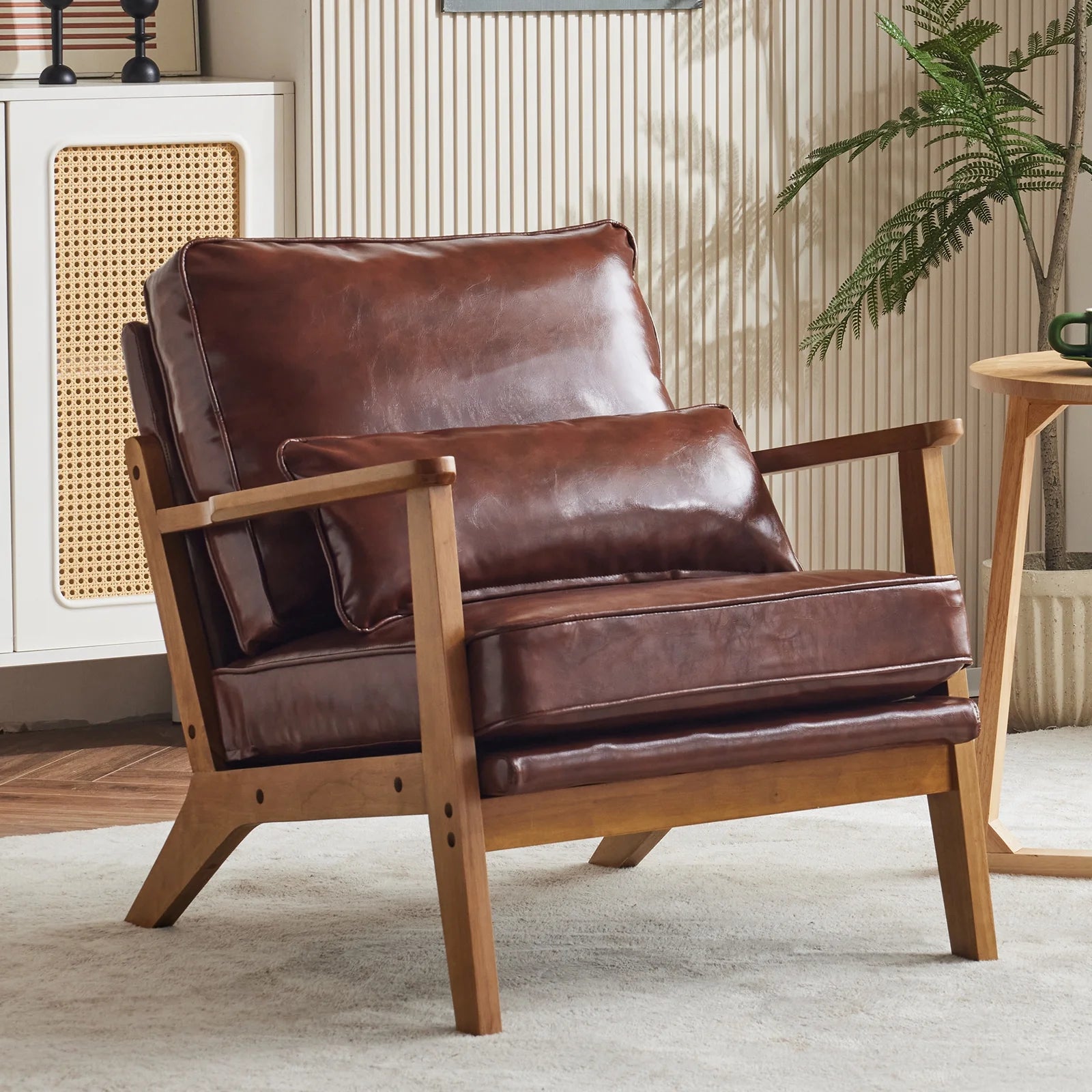 Accent Chair PU Upholstered Armchair, Reading Club Chair with Pillow for Living Room Bedroom Furniture Brown
