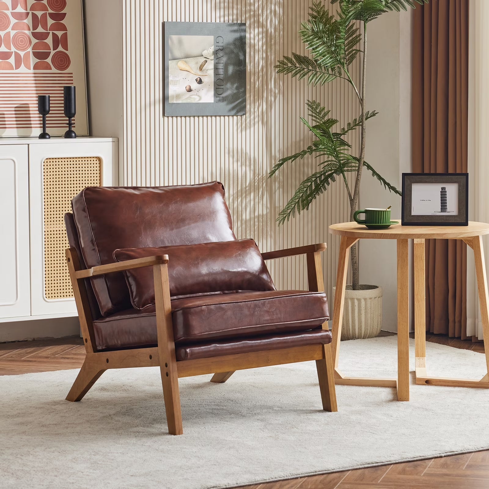 Accent Chair PU Upholstered Armchair, Reading Club Chair with Pillow for Living Room Bedroom Furniture Brown