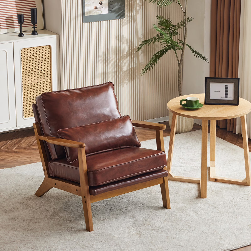 Accent Chair PU Upholstered Armchair, Reading Club Chair with Pillow for Living Room Bedroom Furniture Brown