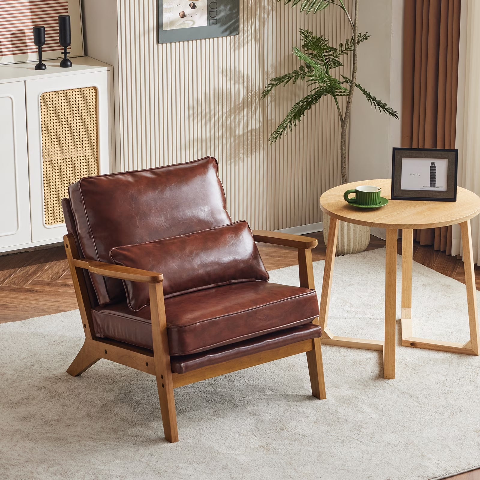 Accent Chair PU Upholstered Armchair, Reading Club Chair with Pillow for Living Room Bedroom Furniture Brown