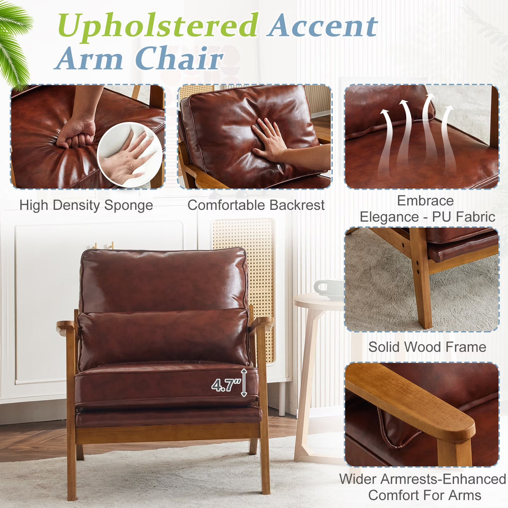 Accent Chair PU Upholstered Armchair, Reading Club Chair with Pillow for Living Room Bedroom Furniture Brown