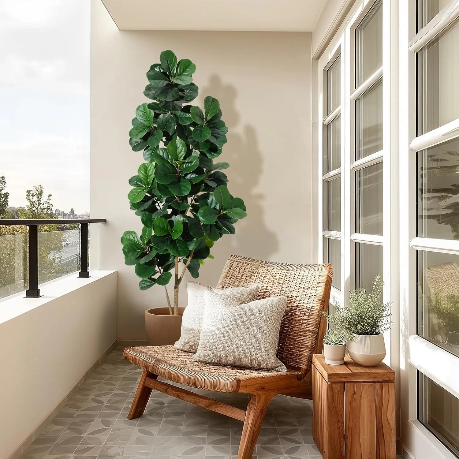 4FT/5FT/6FT/7FT Fiddle Leaf Fig Tree Artificial with Leaves, Realistic Faux Ficus Lyrata Trees in White Planter Pot, Home Decor