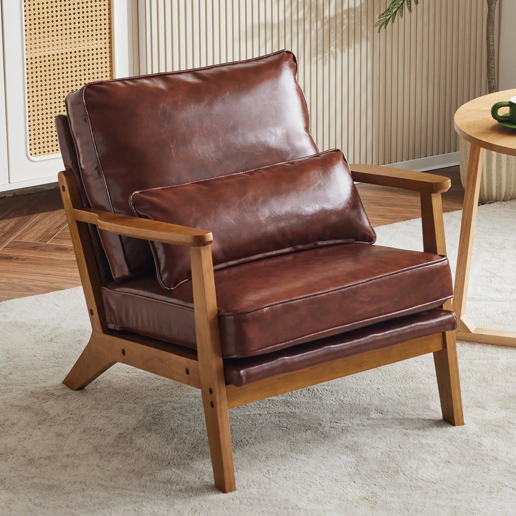 Accent Chair PU Upholstered Armchair, Reading Club Chair with Pillow for Living Room Bedroom Furniture Brown