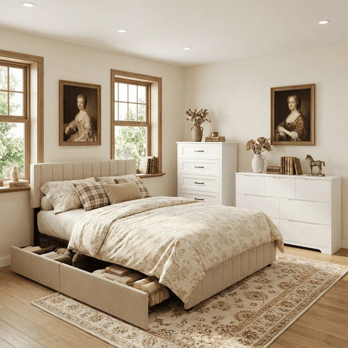 3 Pieces Bedroom Furniture Set, Includes Queen Bed Frame with 4 Under-Bed Drawers, Wide 7-Drawer Dresser and Tall 5-Drawer Dresser, - Beige and White