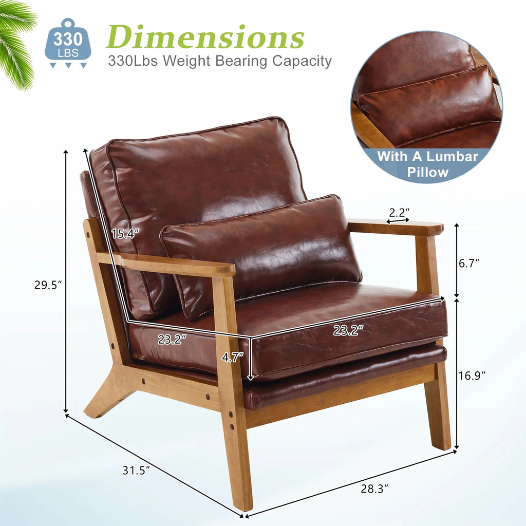Accent Chair PU Upholstered Armchair, Reading Club Chair with Pillow for Living Room Bedroom Furniture Brown