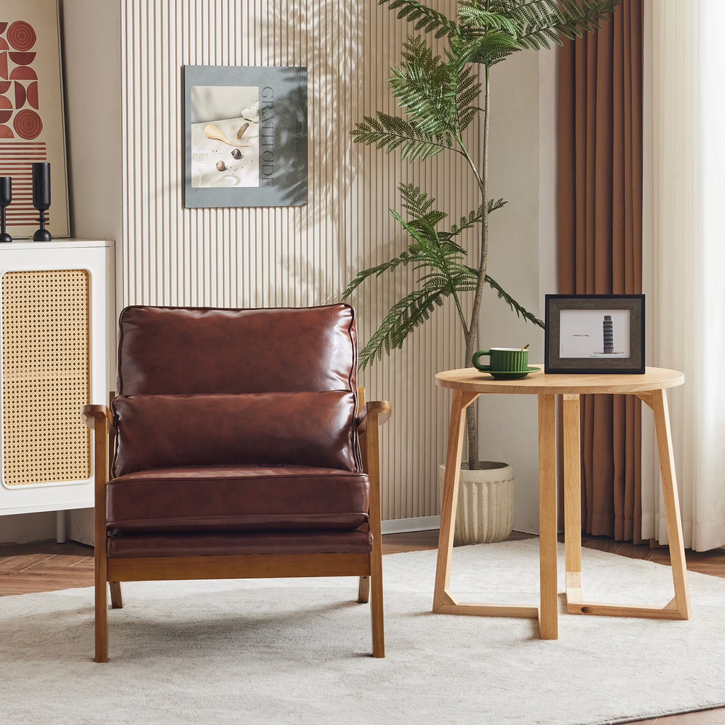 Accent Chair PU Upholstered Armchair, Reading Club Chair with Pillow for Living Room Bedroom Furniture Brown